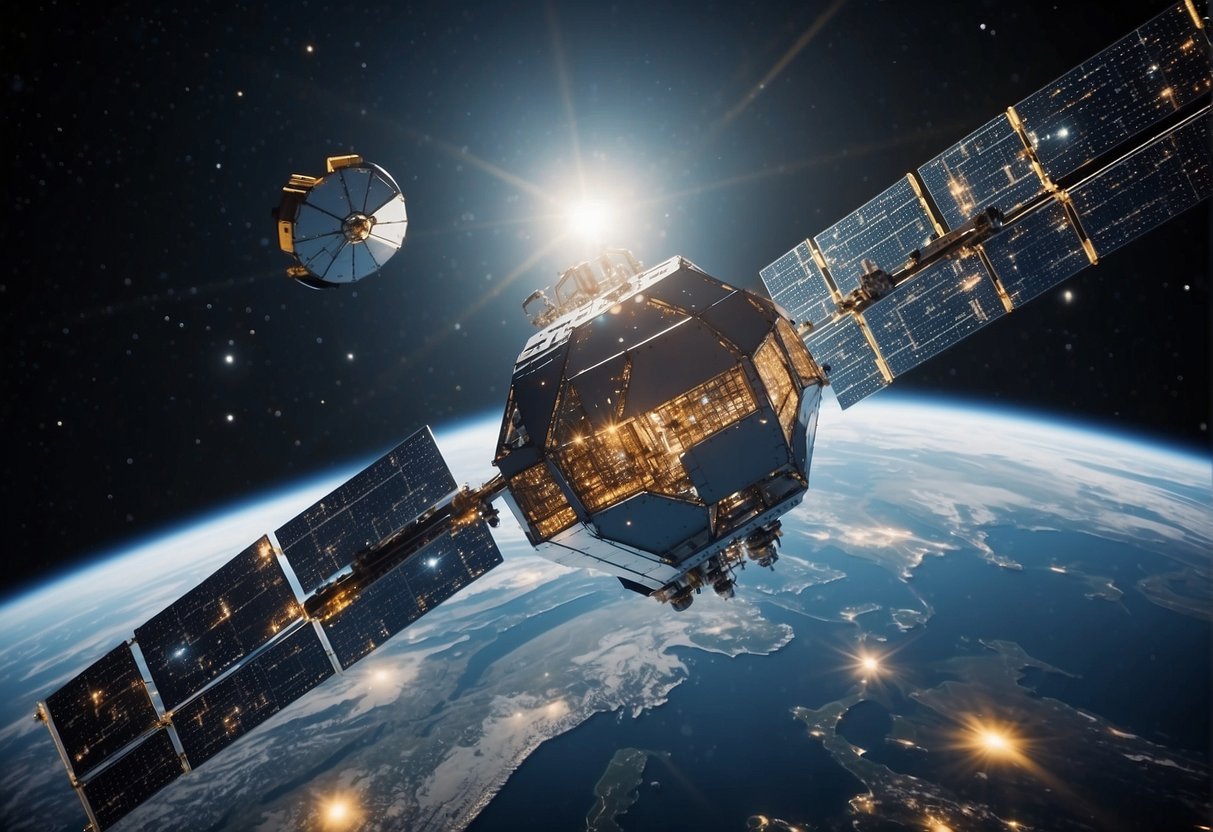 Blockchain technology integrated into spacecraft ops: satellites orbiting Earth, data transmission, secure communication, and automated processes