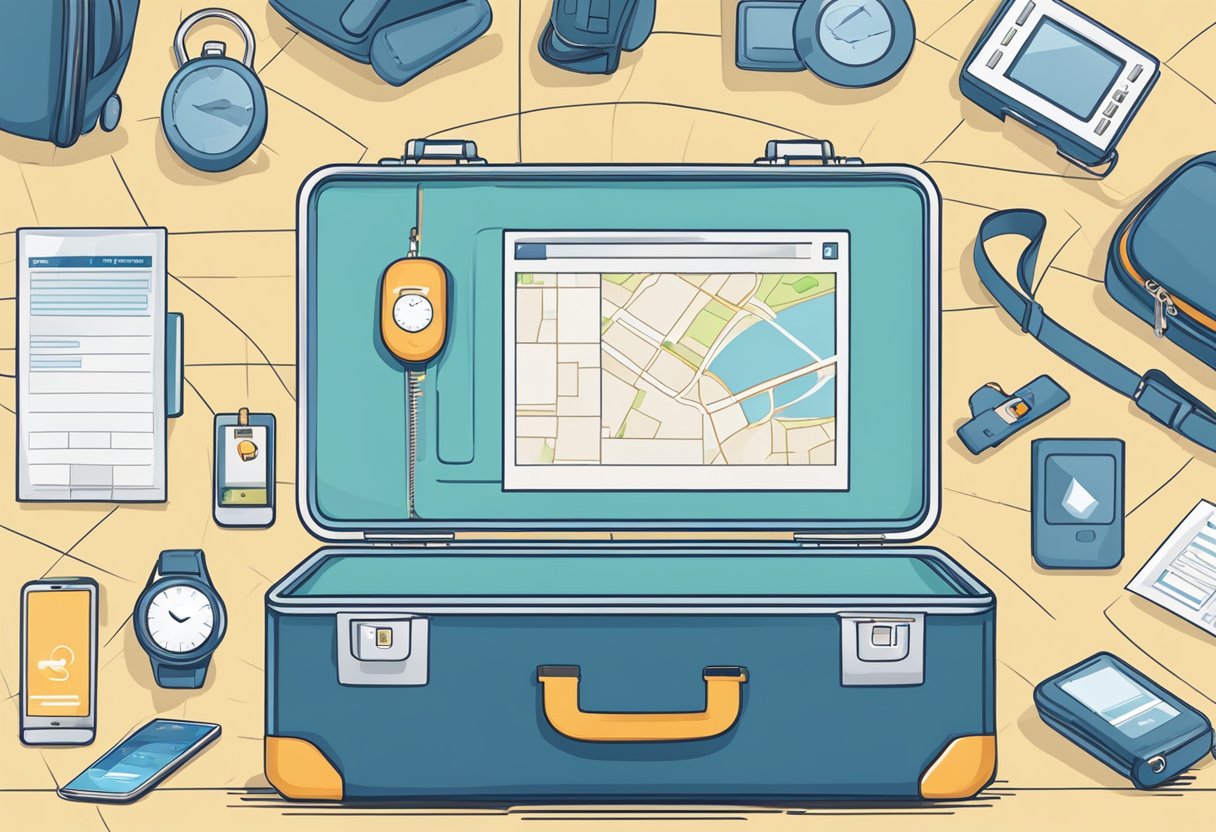 A suitcase with a GPS tracker attached, surrounded by security features like locks and alarms