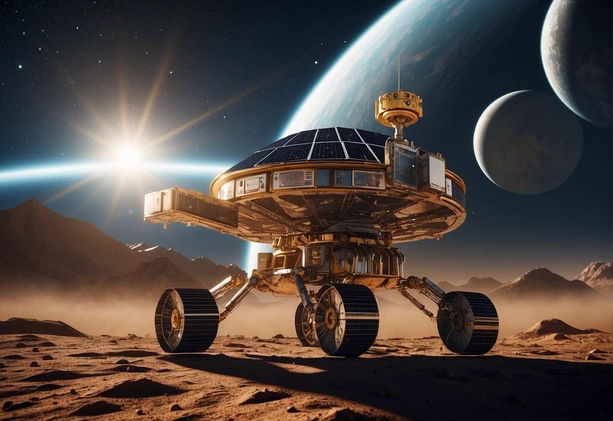 A spacecraft hovers above a distant planet, its solar panels extended, while a robotic arm conducts maintenance. The scene depicts the concept of spacecraft autonomy and self-sufficiency in deep-space exploration