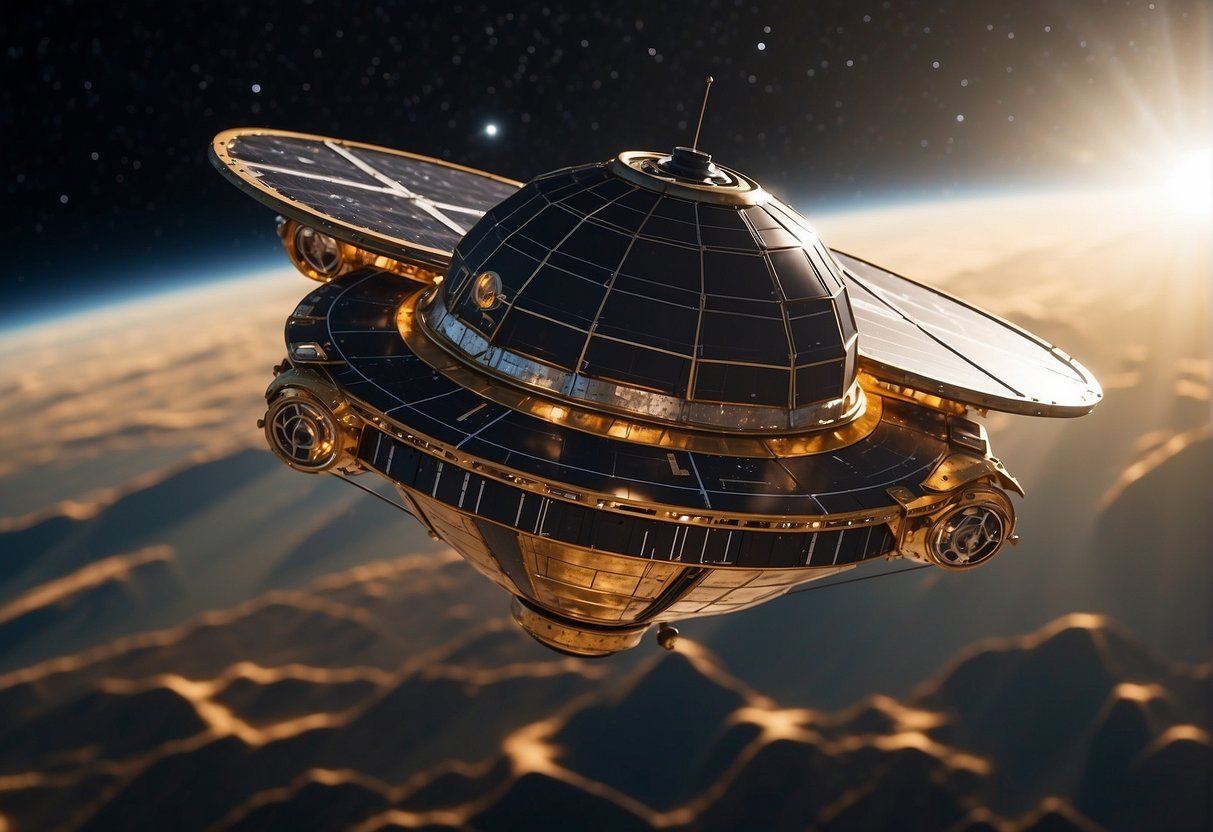 A spacecraft hovers in the vastness of space, its solar panels gleaming in the distant sunlight. It navigates through the stars, relying on its own systems for self-sufficient exploration