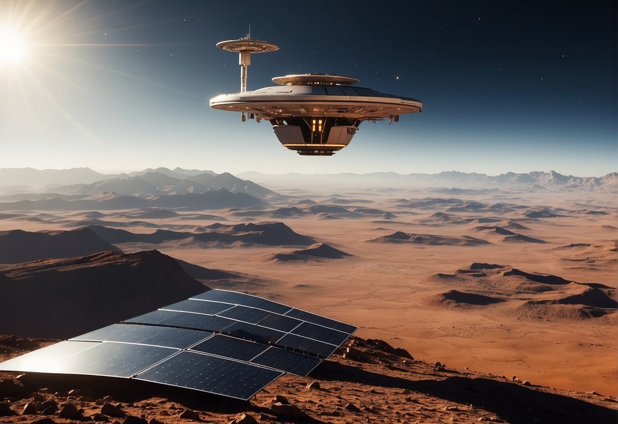 The spacecraft hovers above a distant planet, its solar panels extended and sensors scanning the terrain. A robotic arm reaches out to collect samples while the onboard AI system autonomously guides the spacecraft through the unknown terrain