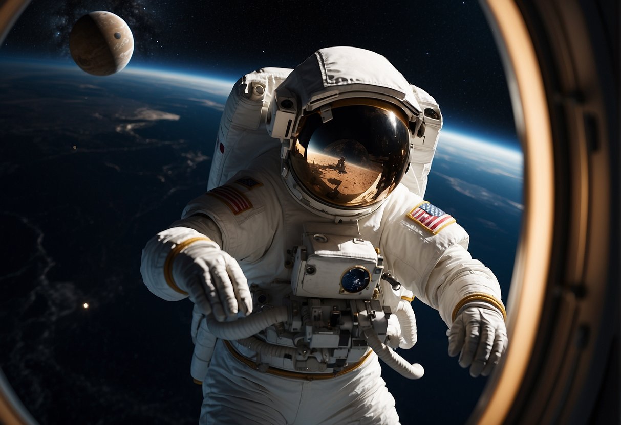An astronaut floats in a spacecraft, observing the intricate dance of celestial bodies. The delicate balance of gravitational forces is visually depicted, with scientific instruments measuring and analyzing the precise mechanics at work in the vast expanse of space