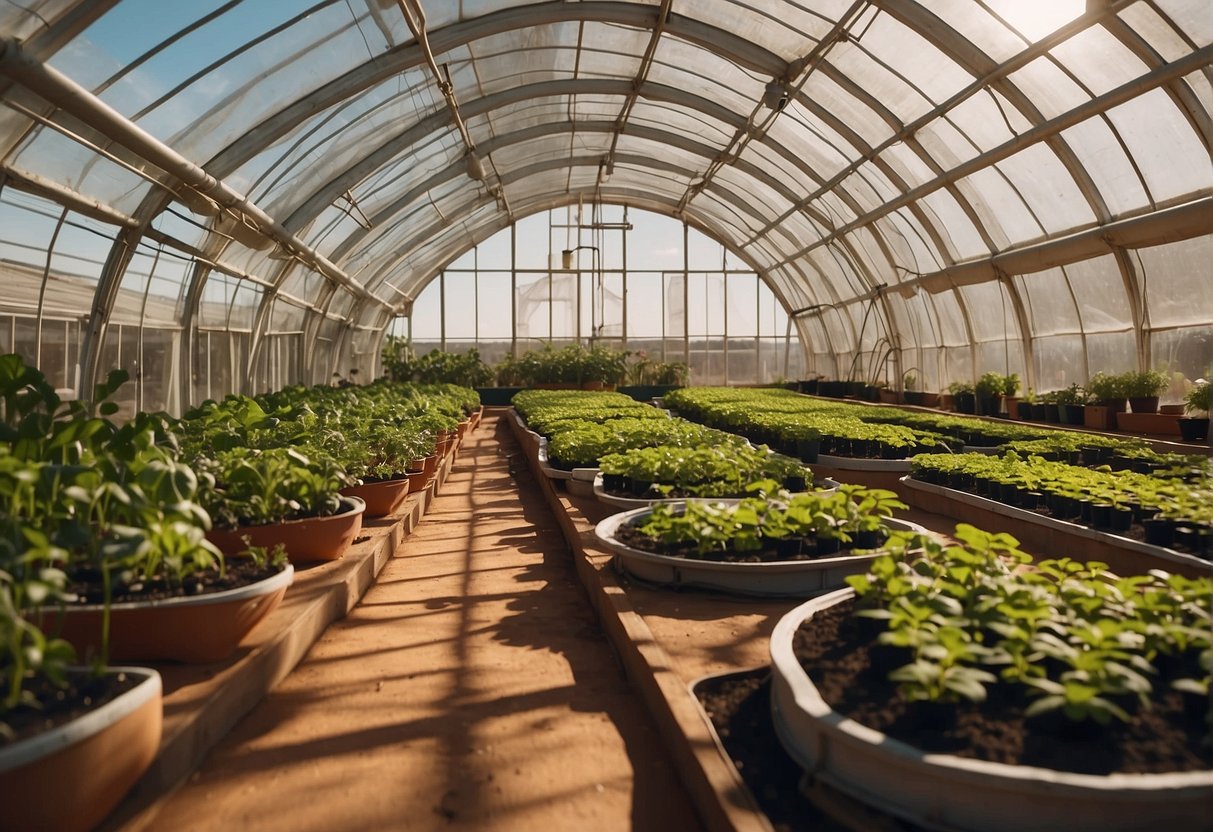 A greenhouse on Mars with red soil, rows of plants in hydroponic systems, and a domed ceiling providing artificial sunlight
