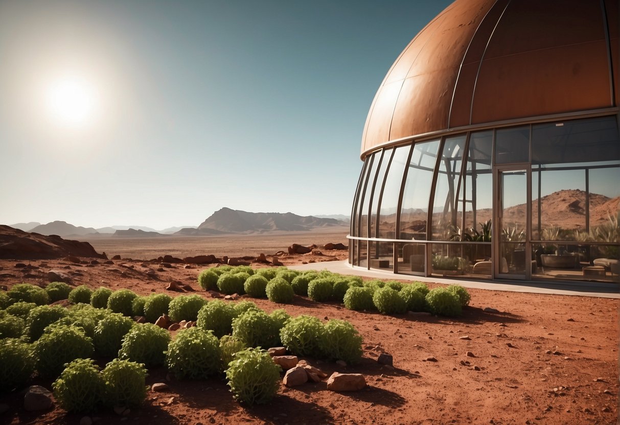 A red planet, Mars, with barren, rocky terrain contrasted with Earth's lush, green landscape. A futuristic greenhouse sits on the Martian surface, hinting at the possibility of farming