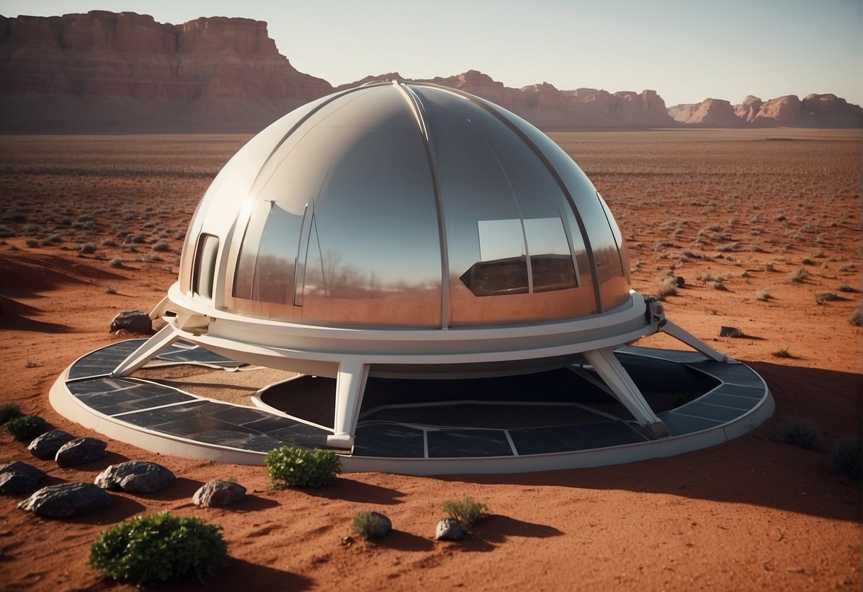 A domed shelter sits on the red Martian landscape, surrounded by solar panels and hydroponic gardens. A rover collects regolith for resource extraction