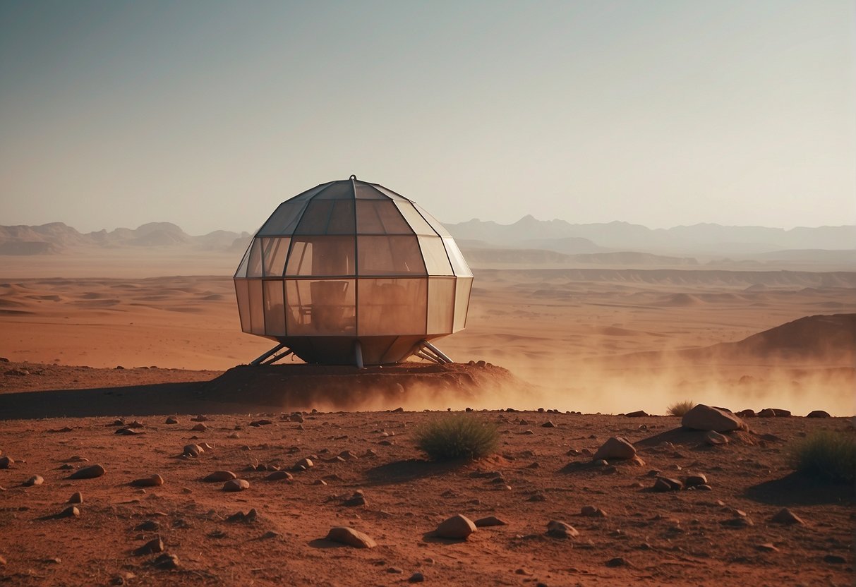 A red, barren Martian landscape stretches into the distance, dotted with rocky outcrops and dust storms. A lone, futuristic greenhouse stands as a beacon of hope for potential farming on the desolate planet