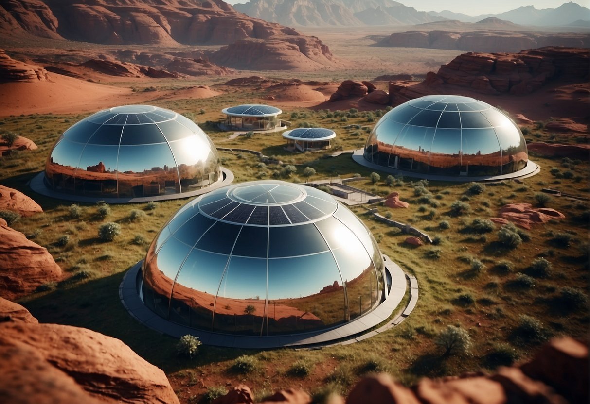 A futuristic Mars colony with domed greenhouses and solar panels, surrounded by red rocky terrain and a distant view of the planet's surface