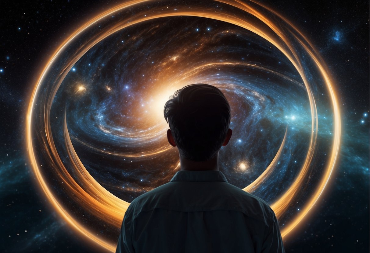 Interstellar Insights - A physicist gazes at a black hole, surrounded by swirling galaxies and distorted spacetime, illustrating the concept of interstellar travel and the theory of relativity