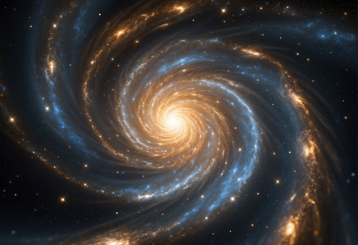 A swirling vortex of stars and galaxies, bending and warping around a central point, representing the concept of interstellar travel and the theory of relativity
