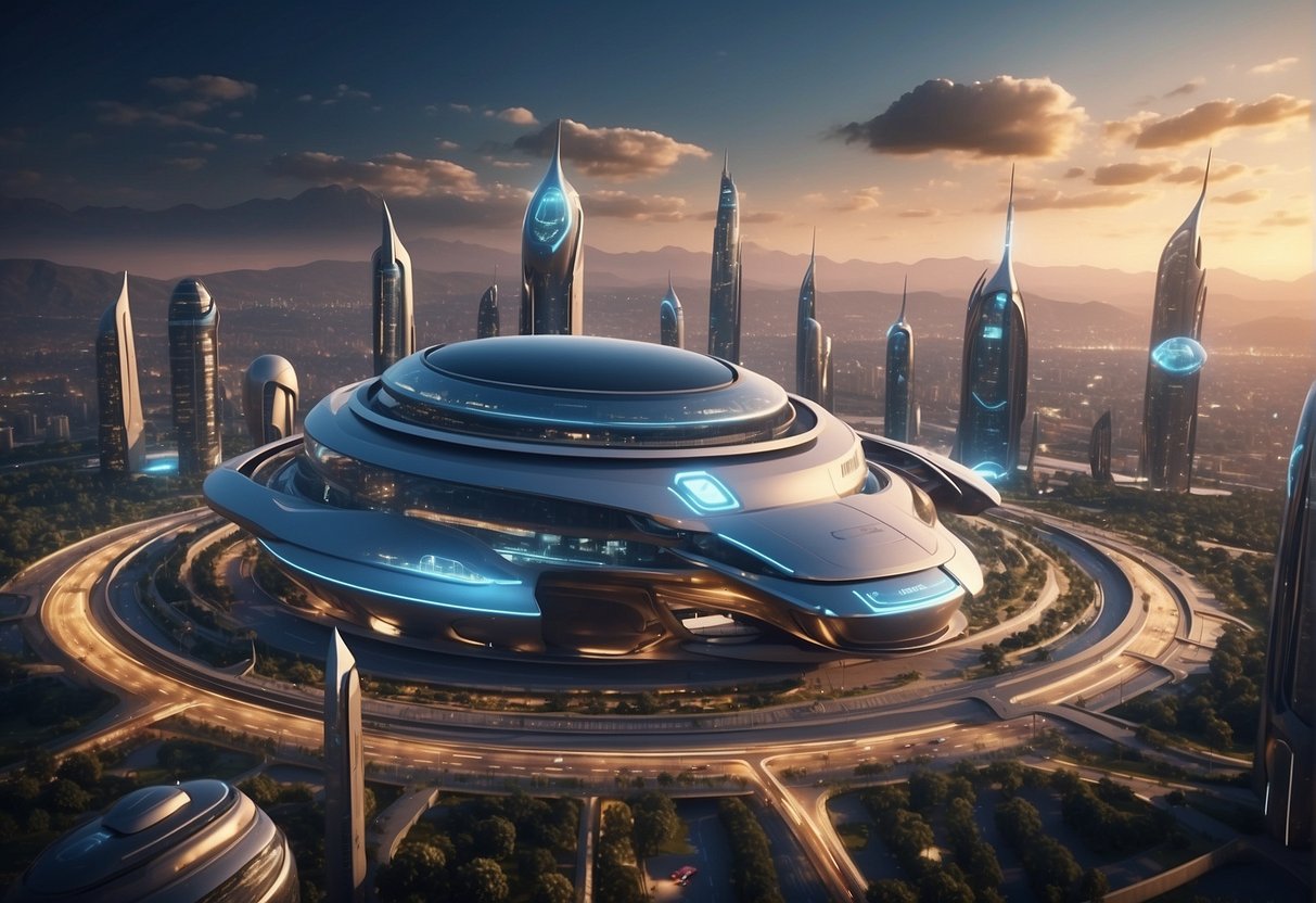 A futuristic cityscape with sleek, advanced buildings and flying vehicles. A central AI system controls the city, with holographic interfaces and advanced robotics