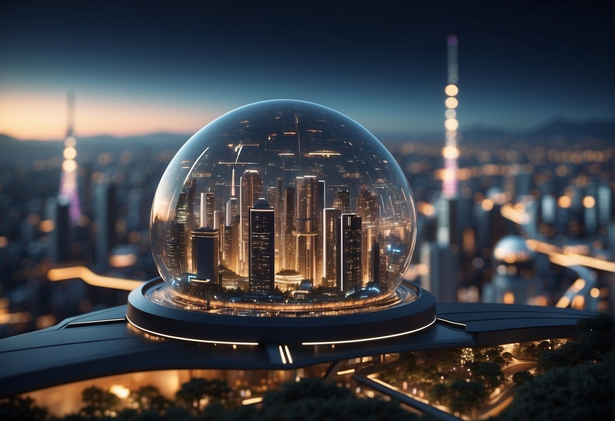 A futuristic cityscape with advanced technology, artificial intelligence, and space travel infrastructure. A society seamlessly integrated with technology and space exploration