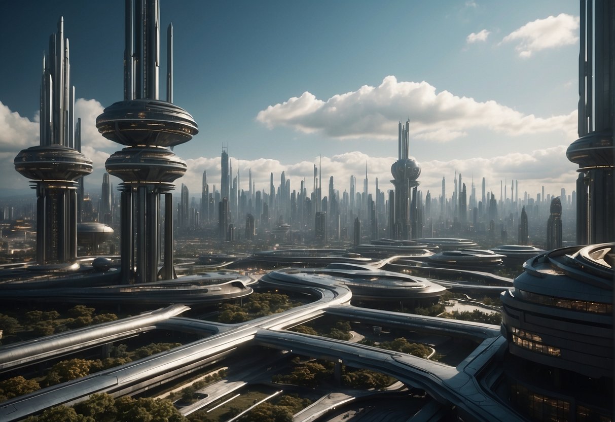 A futuristic city skyline with advanced technology and industrial machinery, inspired by "2001: A Space Odyssey." The scene showcases the legacy of the film's predictions that have become a reality