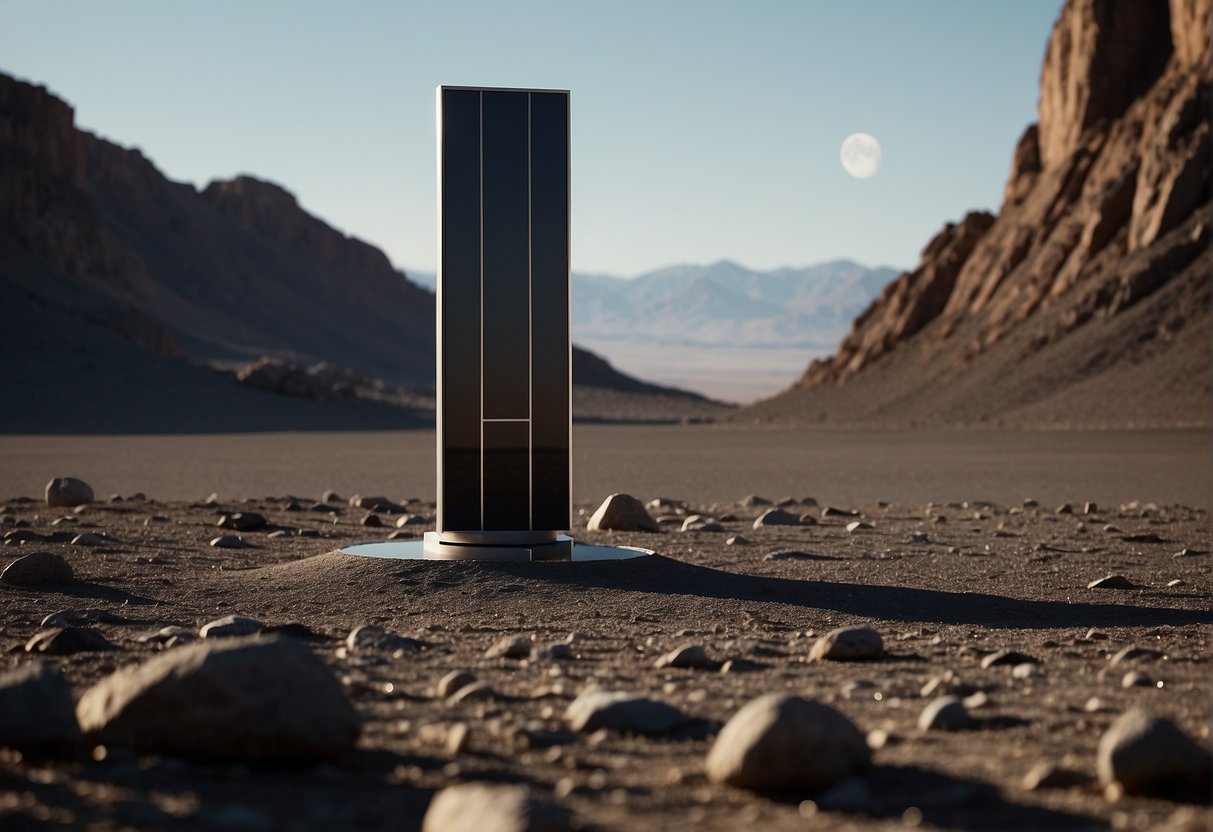 A monolith stands on a desolate lunar landscape, with Earth in the background. A spacecraft approaches, symbolizing the predictions that came true in "2001: A Space Odyssey."