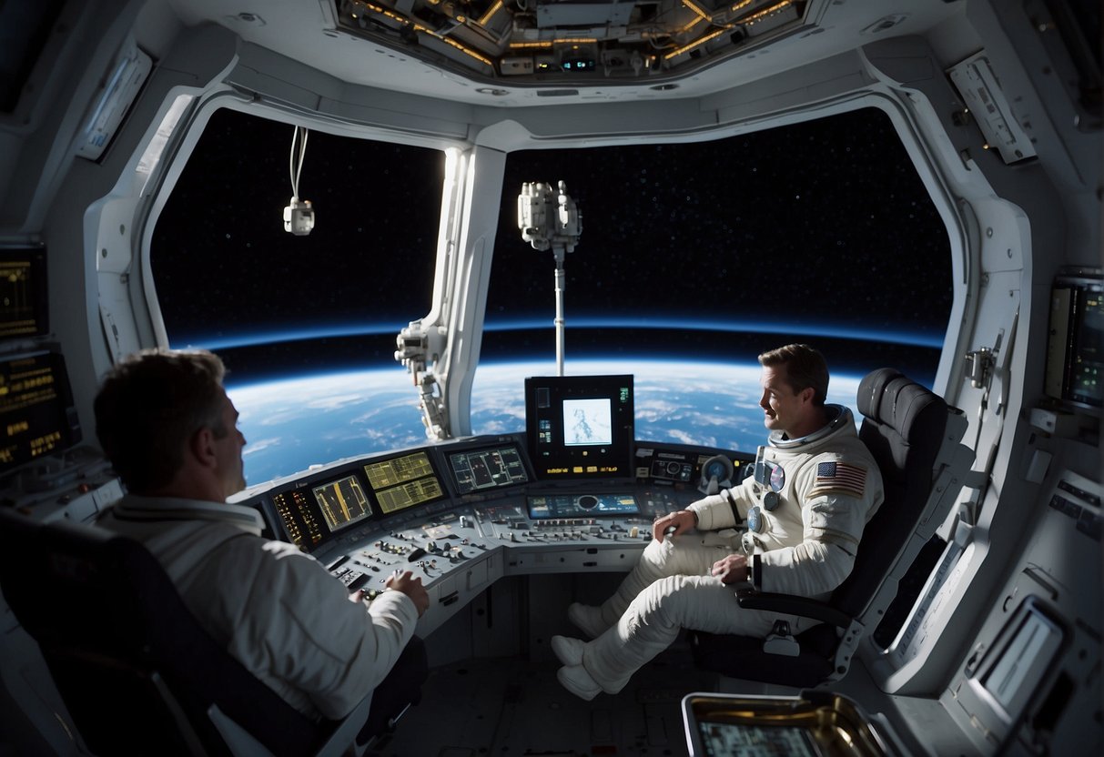 A space station orbits Earth, with shuttles coming and going. A computer controls the station, while astronauts conduct experiments in zero gravity