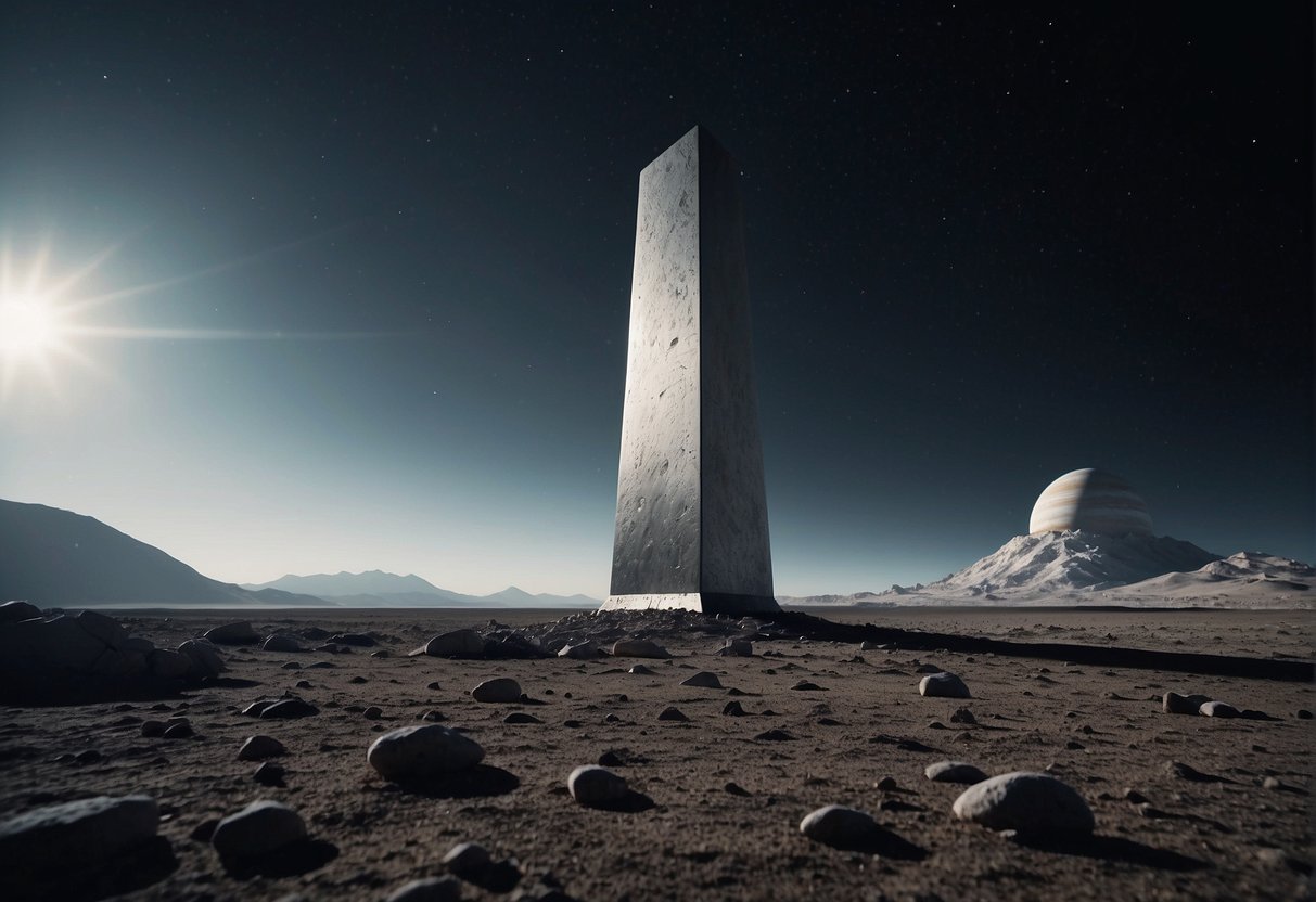 A monolith stands on a desolate lunar landscape, with Earth rising in the background. A spacecraft hovers above, while a group of astronauts observe the mysterious object