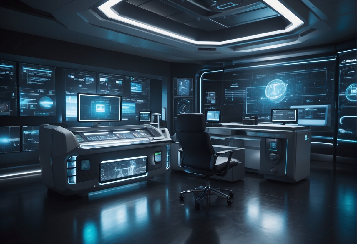 A futuristic lab with holographic displays and advanced medical equipment. A communicator device sits on a desk next to a virtual reality holodeck