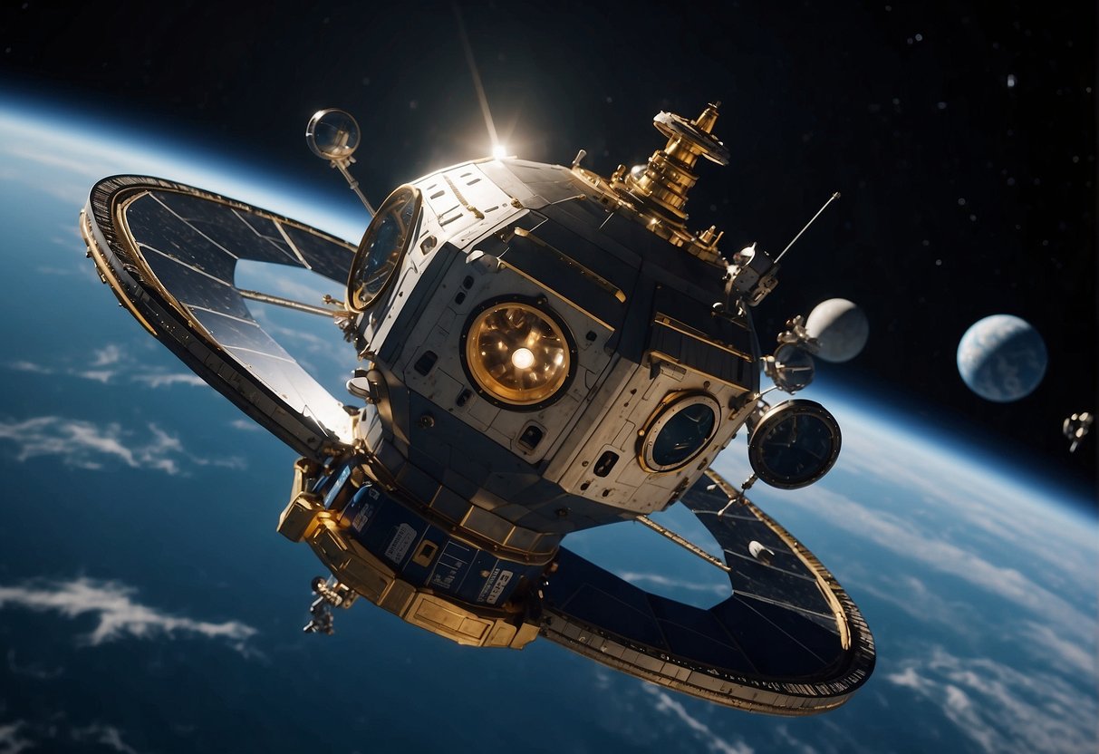 The spacecraft hurtles through space, its damaged systems sparking and sputtering. The crew inside work frantically to troubleshoot the problem, their faces tense with determination