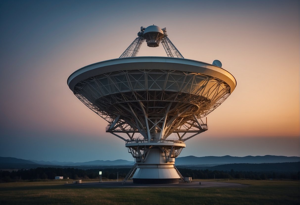 A large radio telescope dish points towards the night sky, scanning for signals from outer space. The surrounding area is filled with scientific equipment and computers, all focused on the search for extraterrestrial intelligence