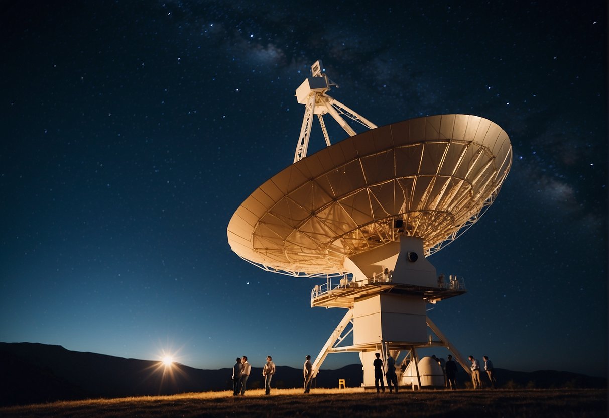 A radio telescope dish points towards the night sky, surrounded by a team of scientists and engineers working on equipment