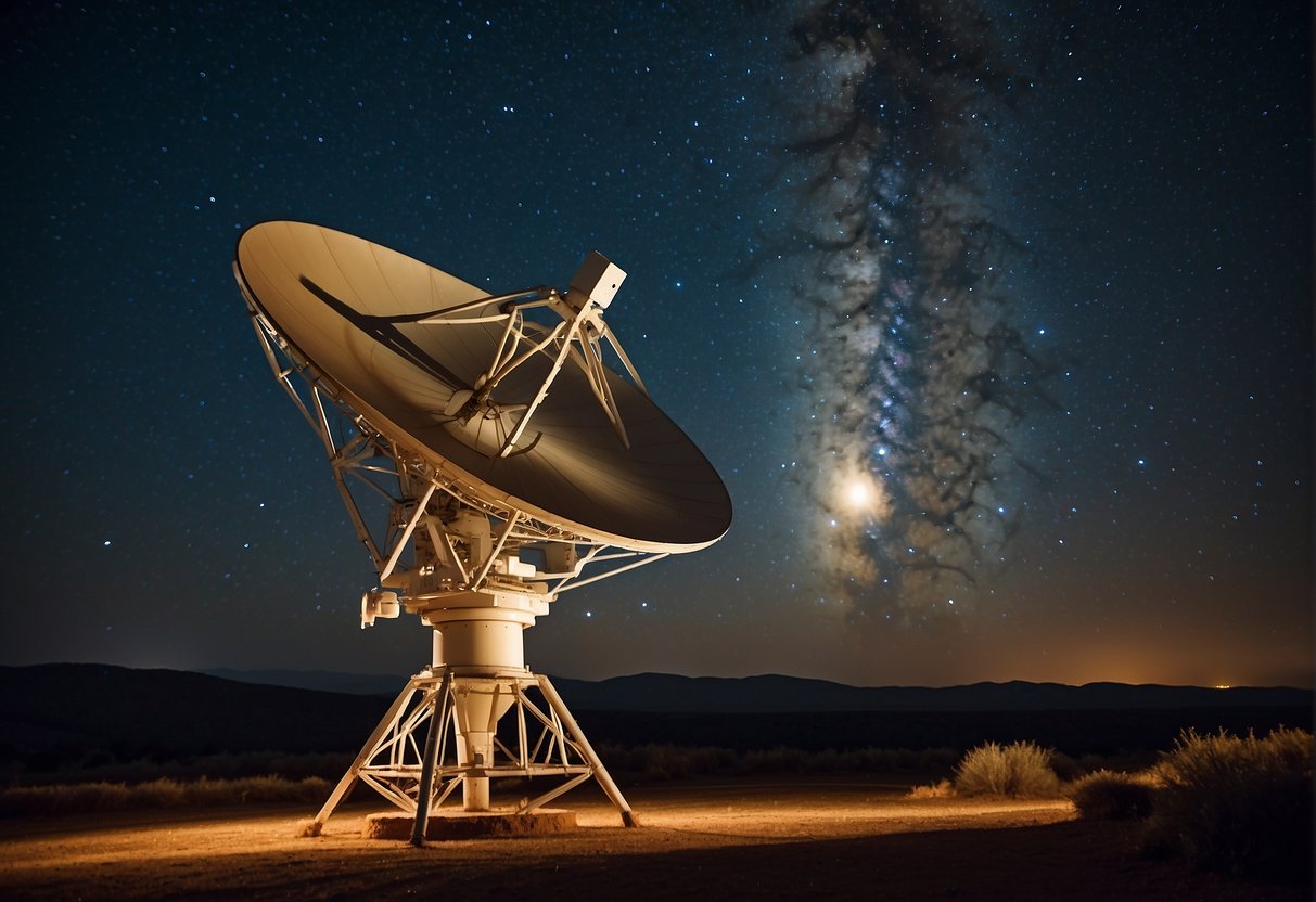 A radio telescope dish points towards the night sky, with the SETI logo visible on the equipment. The scene is set at a remote observatory, with stars twinkling in the background