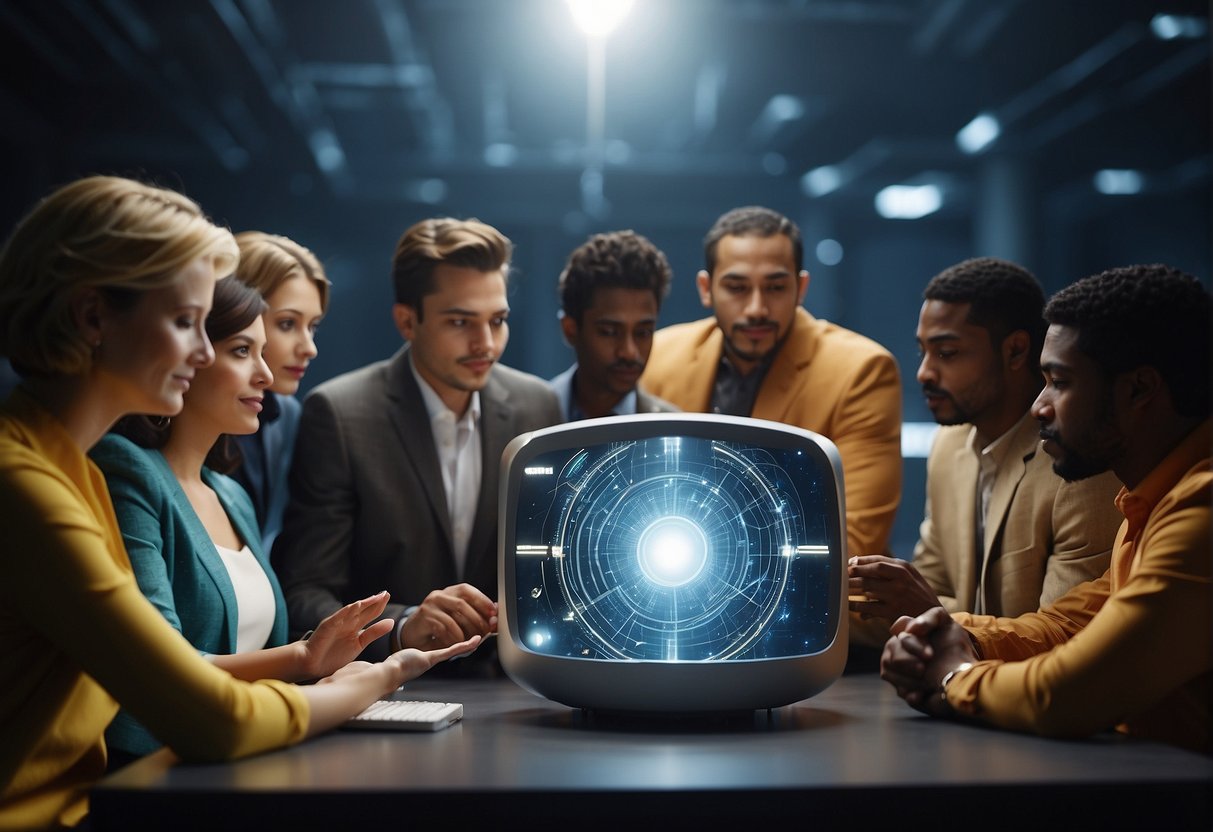 A group of diverse individuals from around the world gather around a large, futuristic-looking communication device, exchanging information and ideas for future projects related to the search for extraterrestrial intelligence
