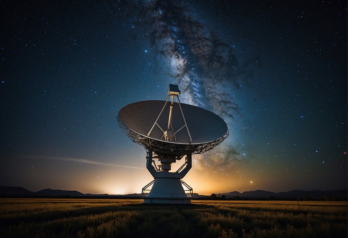A radio telescope dish points towards the night sky, surrounded by a field of stars. The dish is illuminated by the glow of the Milky Way, symbolizing the search for extraterrestrial intelligence