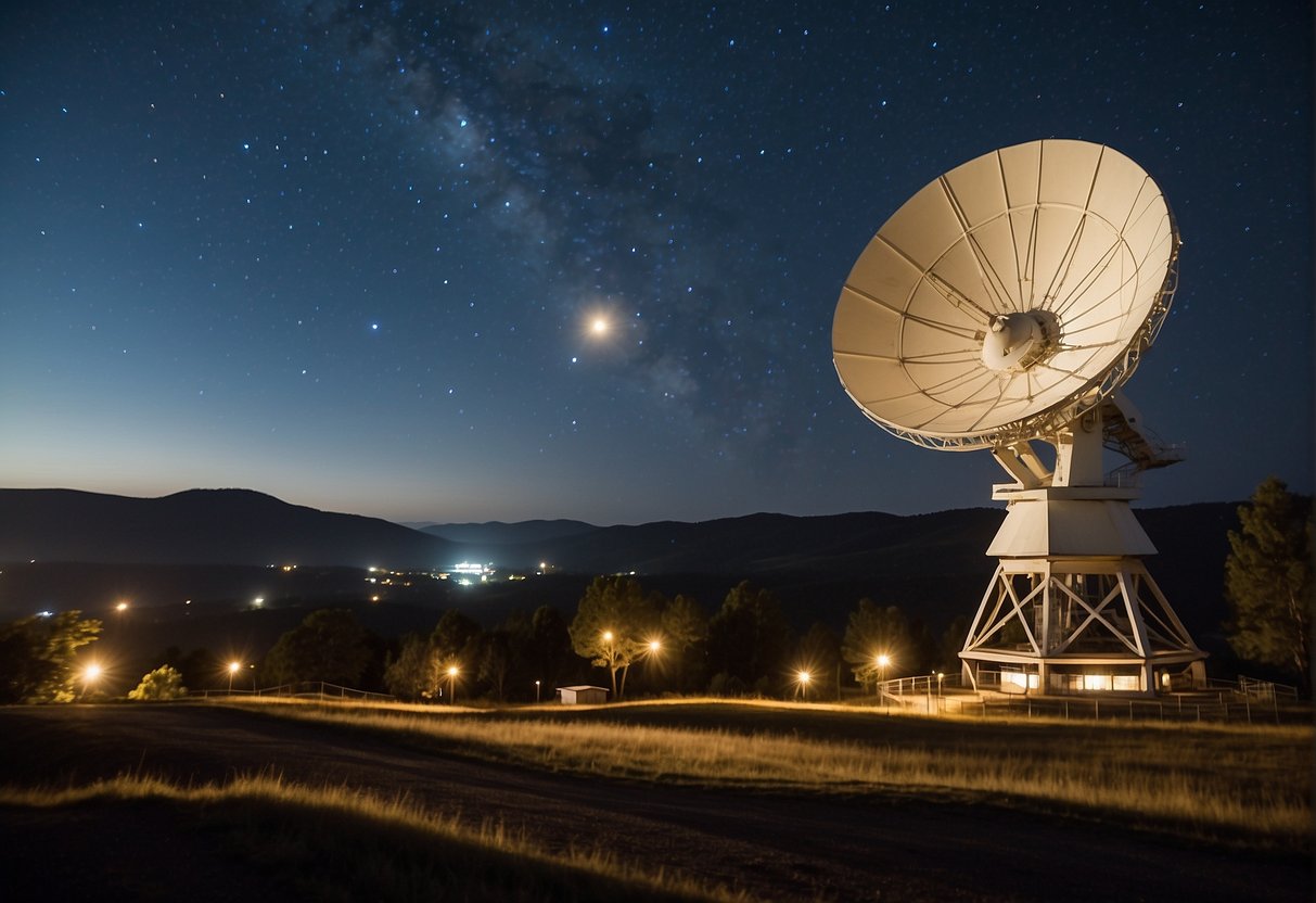 A radio telescope dish points towards the night sky, surrounded by a scientific research facility. The stars twinkle above as the SETI institute searches for extraterrestrial intelligence