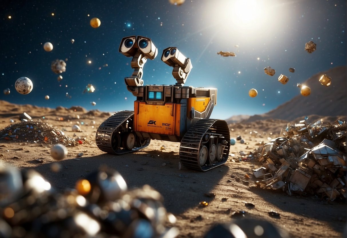In Earth's orbit, space debris floats among satellites. WALL-E hovers, scanning the clutter with his glowing eyes, a testament to the challenges of managing space junk