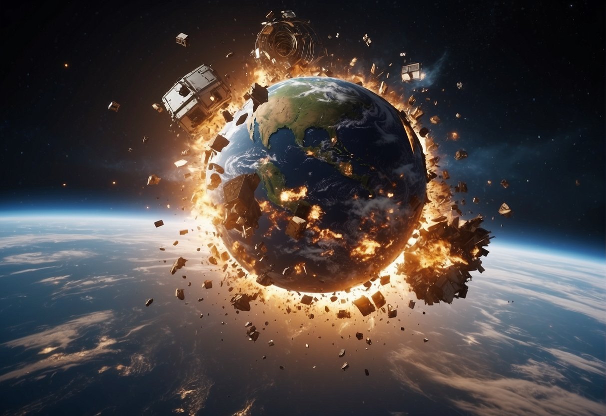 Debris collides with Earth and spacecraft, creating a cloud of fragments and causing potential damage