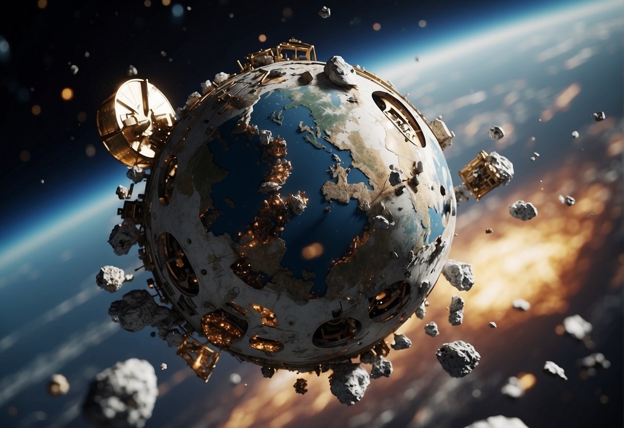 A cluttered space orbit with a mix of broken satellites, discarded rocket parts, and other debris floating aimlessly around Earth