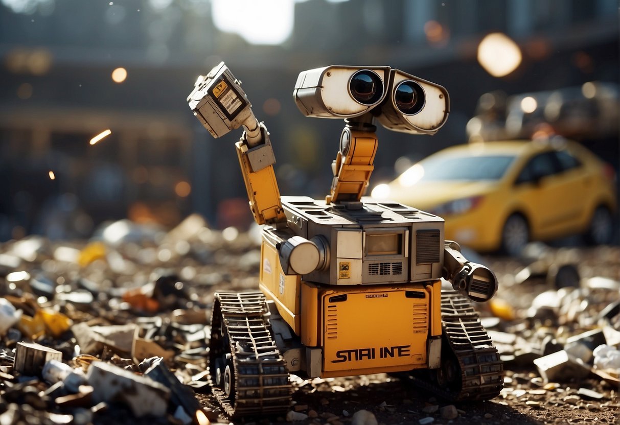A cluttered orbit surrounds Earth, filled with discarded satellites and space debris. WALL-E, the lone robot, diligently works to clean up the mess, highlighting the consequences of human negligence in space