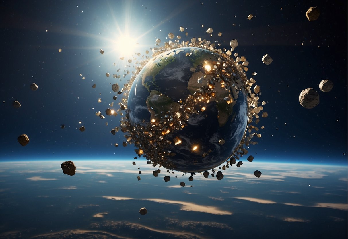 In Earth's orbit, space debris floats among satellites. The cluttered expanse hints at a dystopian future