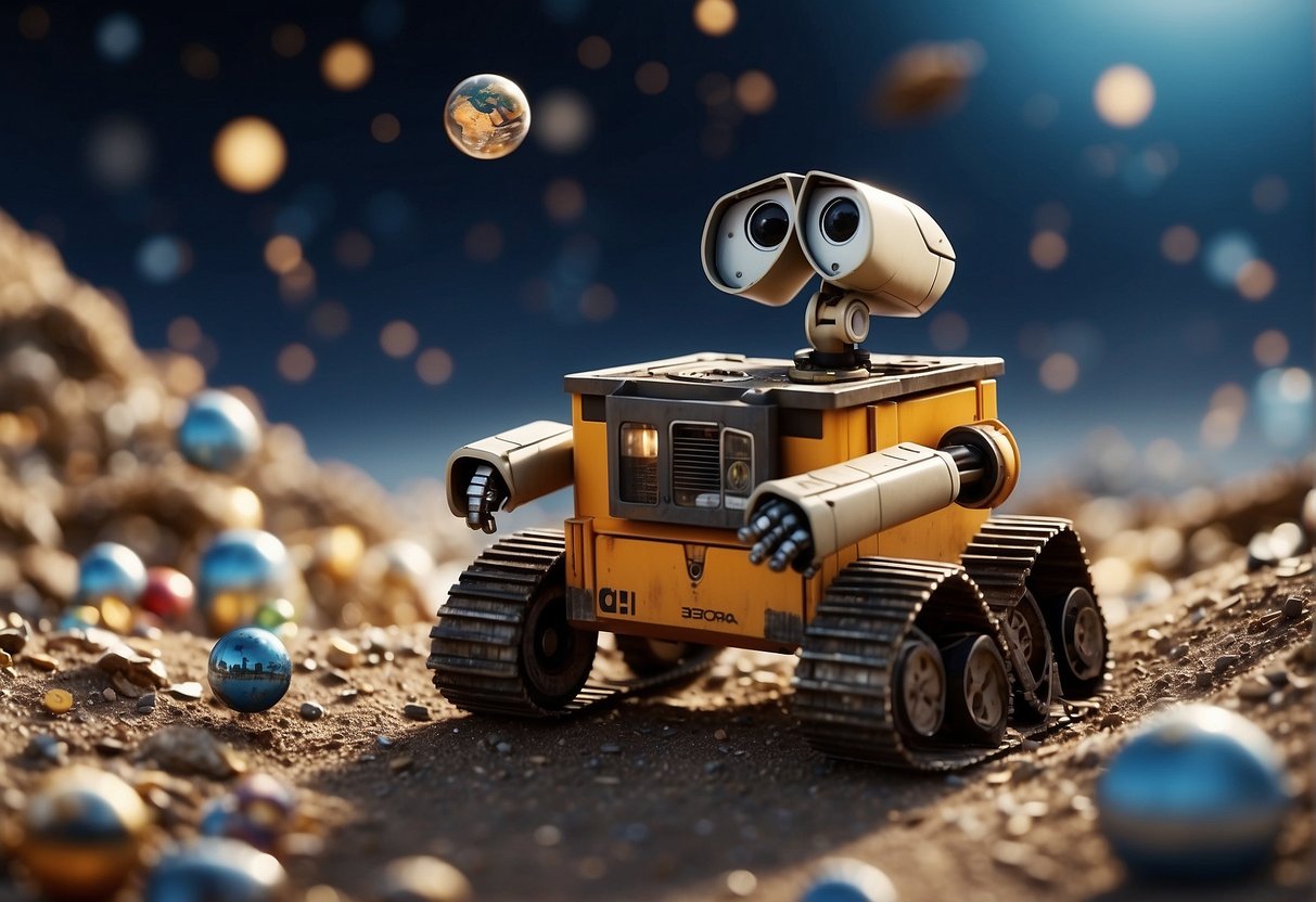 A cluttered orbit surrounds Earth, filled with space debris from WALL-E's cleanup efforts. The robot diligently works to clear the skies, surrounded by floating junk
