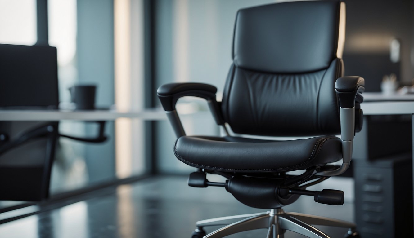 A sleek, ergonomic office chair with adjustable lumbar support and padded armrests sits in a well-lit, modern office space