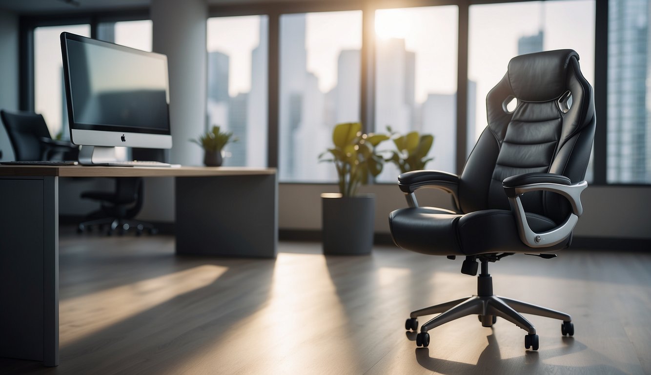 A high-quality office chair with ergonomic design, adjustable features, and sturdy construction, placed in a well-lit and organized workspace
