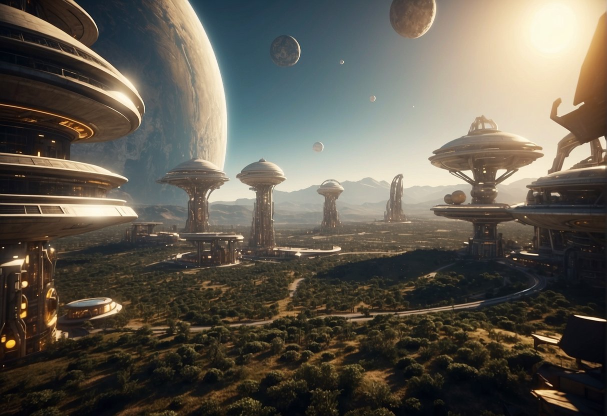 Space Colonization - A space colony orbits a distant planet, with domed structures and solar panels gleaming in the sunlight. Rockets and shuttles come and go, ferrying supplies and personnel to and from the colony