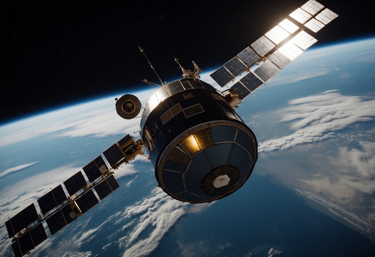 A satellite is released from a spacecraft, following precise orbital mechanics. The satellite drifts away into the darkness of space, while the spacecraft continues on its path
