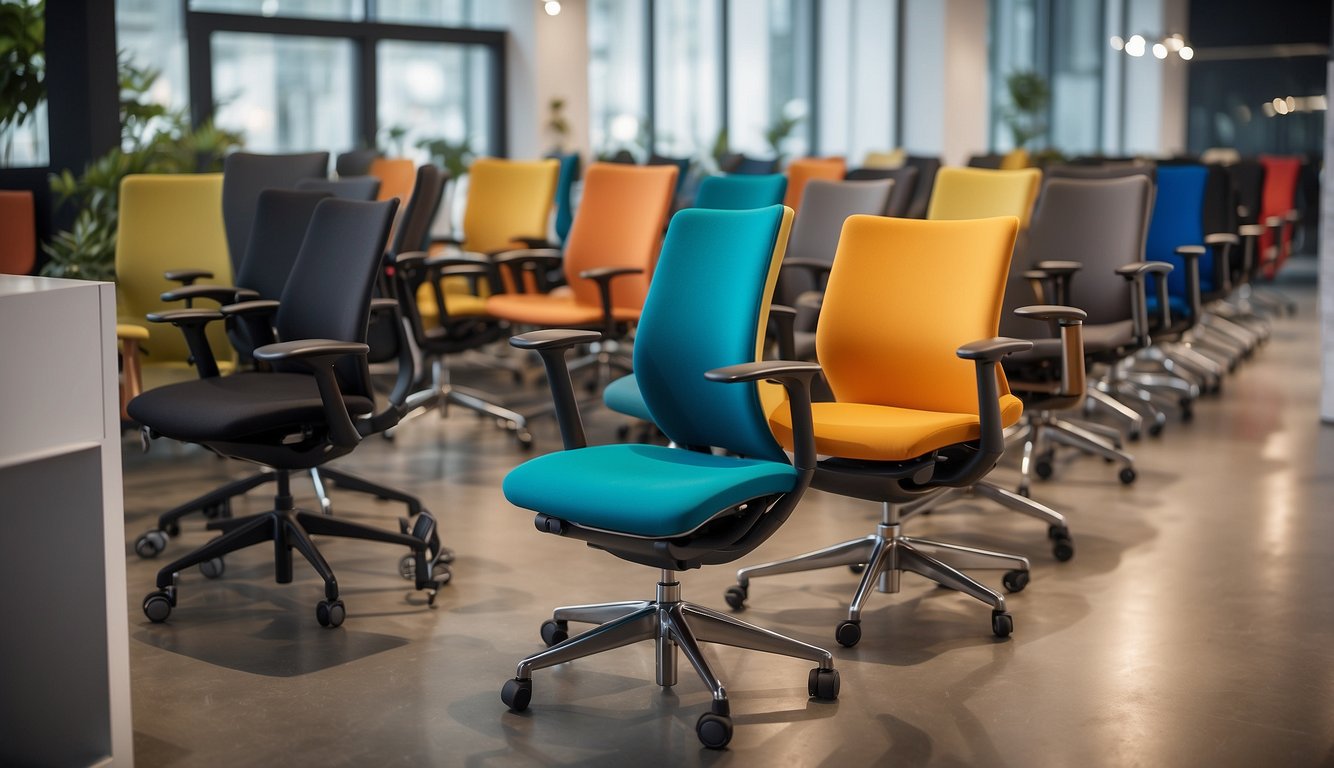 A variety of chairs, including ergonomic, task, and executive styles, are displayed in a showroom. Each chair is labeled with its specific features and recommended use