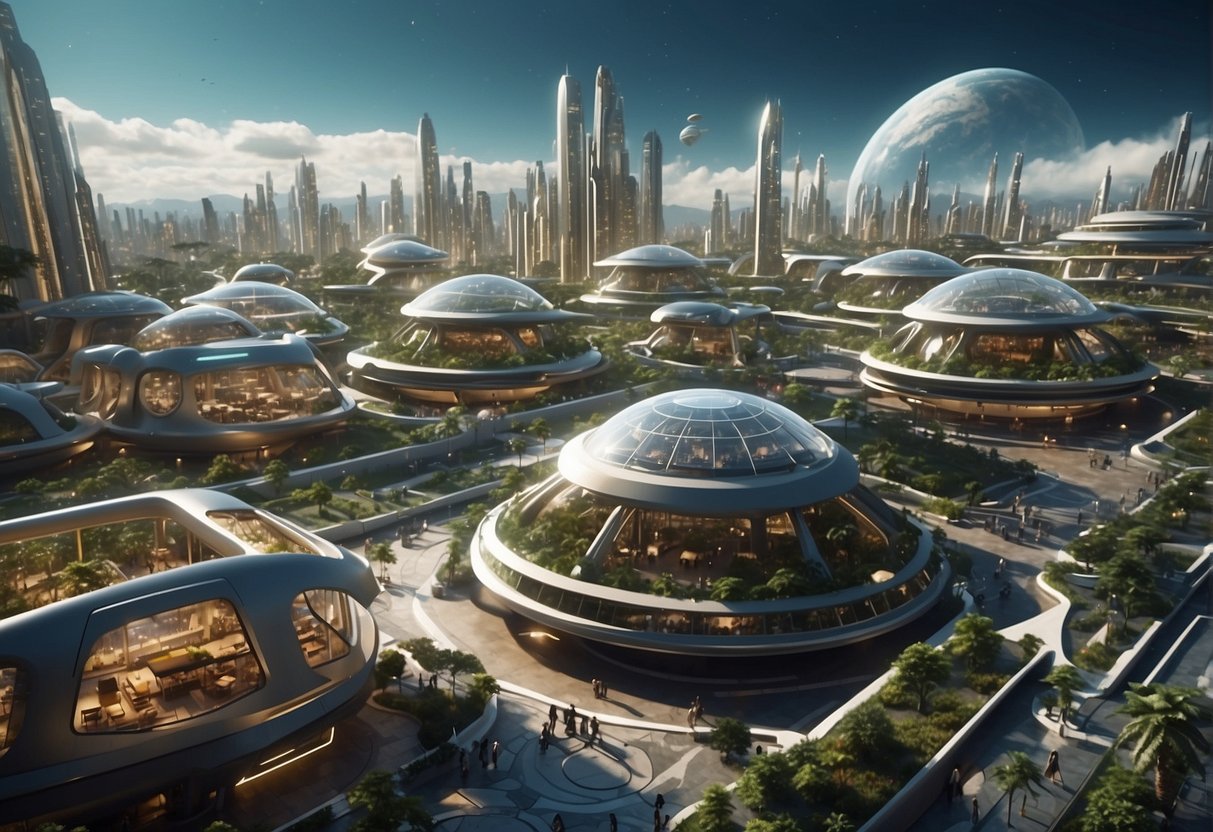 A bustling space colony with futuristic buildings, greenhouses, and people traveling in hovercrafts. The sky is filled with ships coming and going, while robots work alongside humans