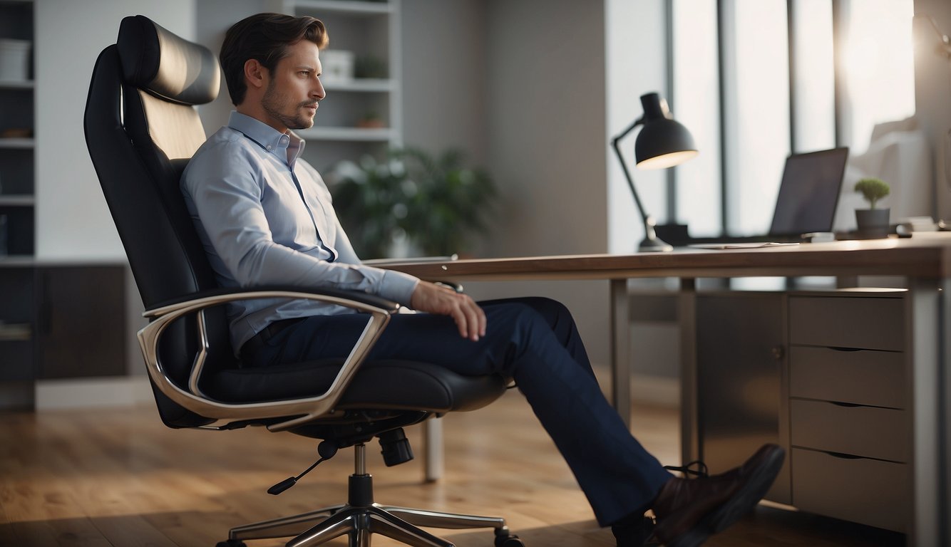 A person is sitting in an ergonomic office chair, with a lumbar support cushion positioned at the lower back. The chair is adjusted to the correct height, and the person's feet are flat on the floor