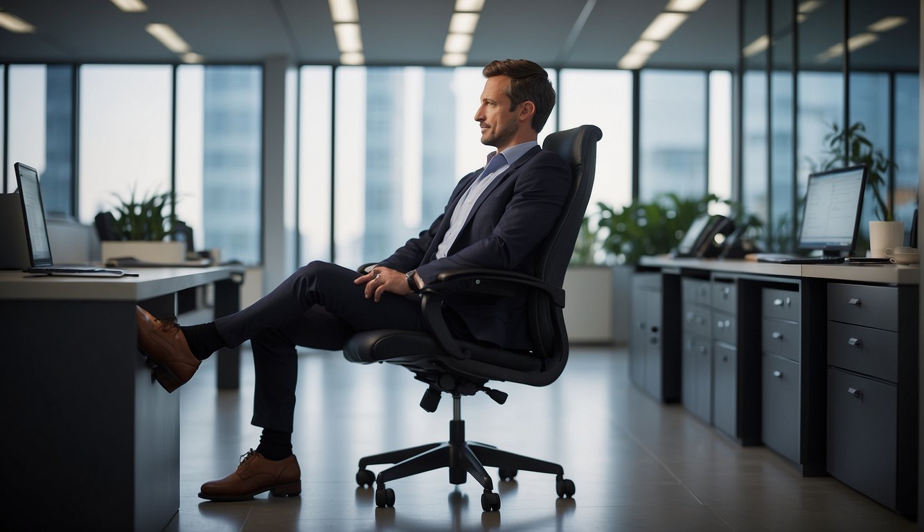 A person sits upright in an office chair, with feet flat on the ground and knees at a 90-degree angle. The lower back is supported by the chair's lumbar support, promoting good posture and alleviating lower back pain