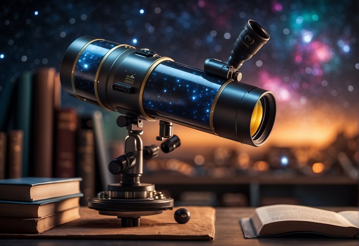 A telescope points towards the night sky, surrounded by books and scientific instruments. A computer screen displays colorful images of galaxies and nebulae