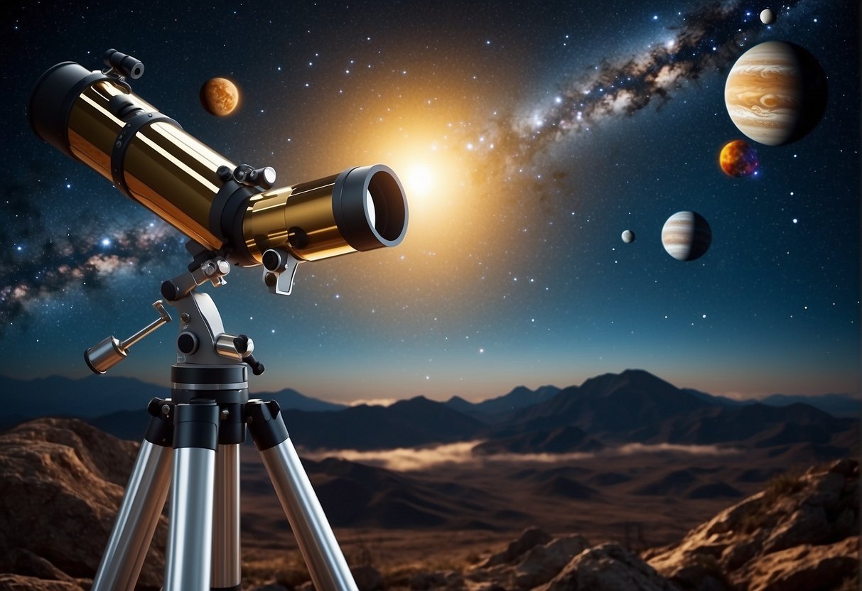 A star-filled sky with planets and galaxies in the background, a telescope pointing towards the heavens, and scientific instruments scattered around
