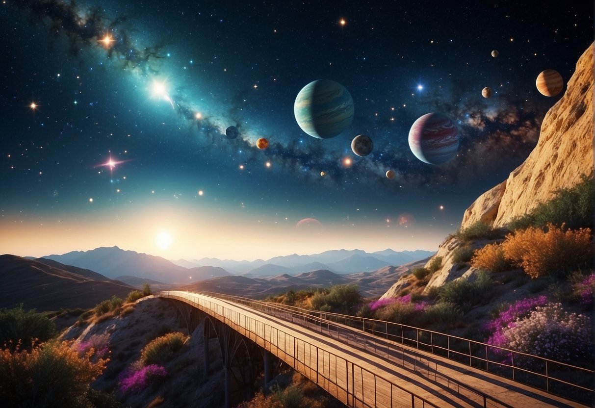 A colorful cosmos backdrop with planets, stars, and galaxies. A bridge connecting education and entertainment