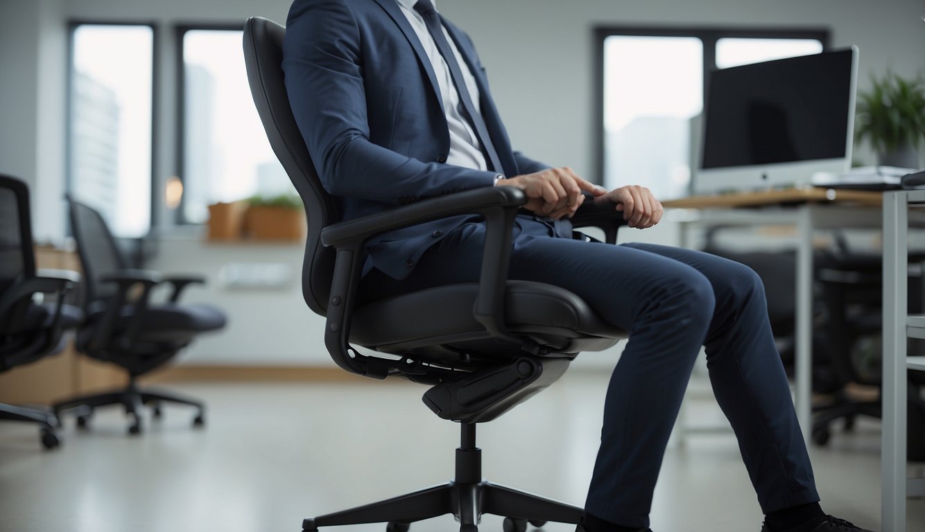 A person sits in an ergonomic office chair with proper lumbar support, maintaining a straight posture. They engage in gentle stretching exercises to relieve lower back pain