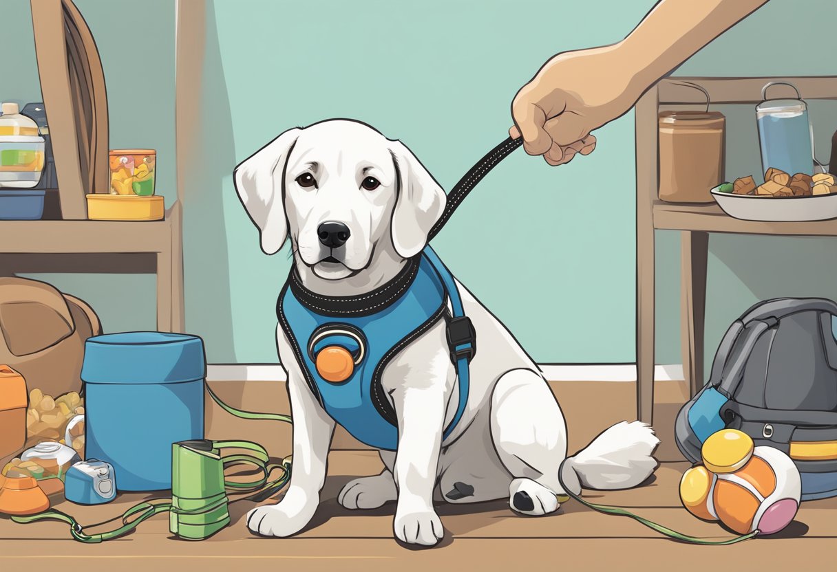 A dog with a leash attached to a harness, standing calmly with a focused and attentive expression. A variety of treats and toys are scattered nearby, along with a clicker and a training manual