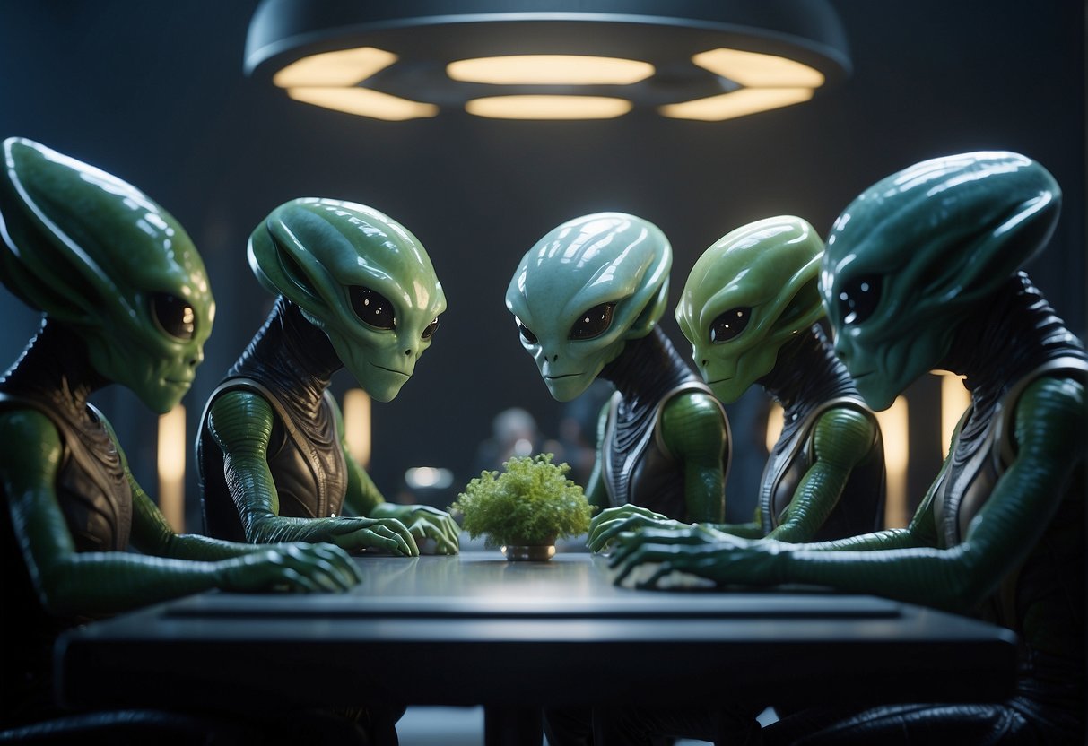 A group of alien creatures gather around a futuristic council table, discussing space laws and governance with animated expressions