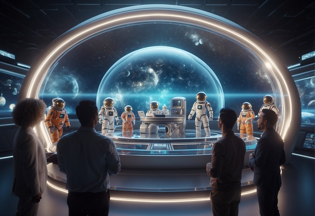 A group of quirky space creatures gather around a holographic display, discussing and debating space laws and governance with enthusiasm and animated gestures