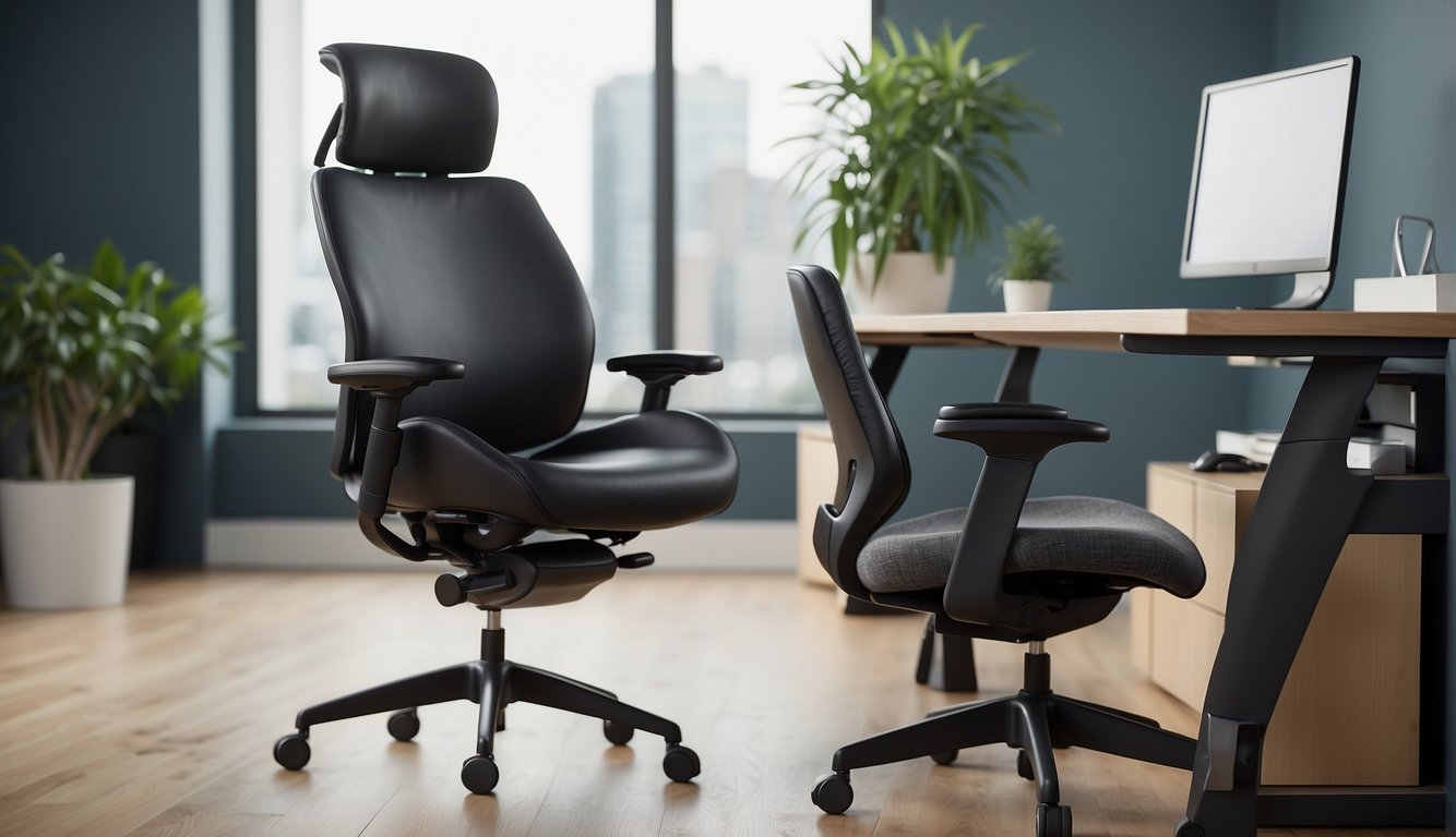 A task chair with adjustable features sits next to a standard office chair, showcasing the difference in personalization and adaptability