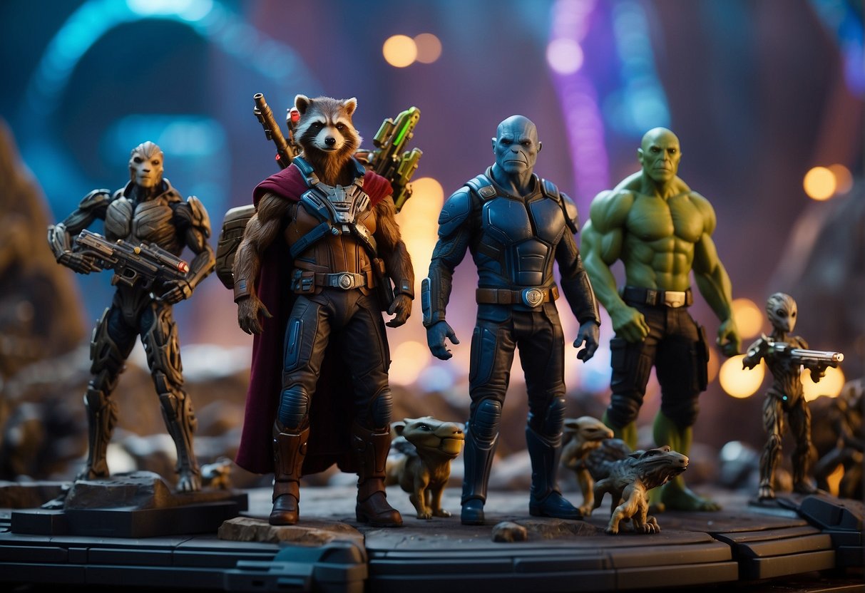 The scene shows futuristic space cities and advanced alien technology, with colorful characters representing different species. The Guardians of the Galaxy are depicted as a team of heroes with unique abilities, standing together against a backdrop of galactic law and order